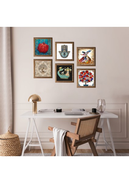Fatma Ana Eli, Nar Ağacı, Semazen, Hayat Ağacı, Şahmeran Taş Duvar Tablosu Ahşap Çerçeveli Duvar Dekoru 6 Parça Tablo Seti Wall Art W6-29
