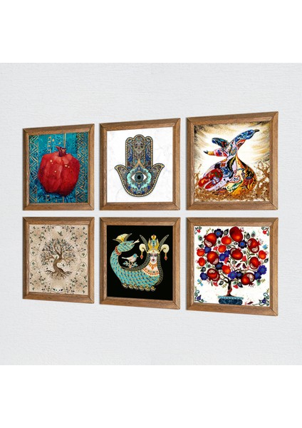 Fatma Ana Eli, Nar Ağacı, Semazen, Hayat Ağacı, Şahmeran Taş Duvar Tablosu Ahşap Çerçeveli Duvar Dekoru 6 Parça Tablo Seti Wall Art W6-29