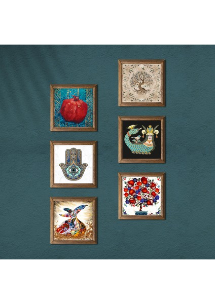 Fatma Ana Eli, Nar Ağacı, Semazen, Hayat Ağacı, Şahmeran Taş Duvar Tablosu Ahşap Çerçeveli Duvar Dekoru 6 Parça Tablo Seti Wall Art W6-29