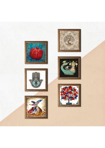 Fatma Ana Eli, Nar Ağacı, Semazen, Hayat Ağacı, Şahmeran Taş Duvar Tablosu Ahşap Çerçeveli Duvar Dekoru 6 Parça Tablo Seti Wall Art W6-29
