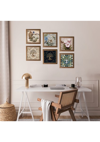 Kelebekli Çiçek, Hayat Ağacı Taş Duvar Tablosu Ahşap Çerçeveli Duvar Dekoru 6 Parça Tablo Seti Wall Art W6-40