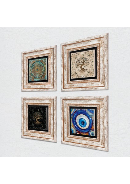 Nazar, Yaşam Çiçeği, Hayat Ağacı Taş Duvar Tablosu Çerçeveli Duvar Dekoru 4 Parça Tablo Seti Wall Art T4-1568 fiyatları