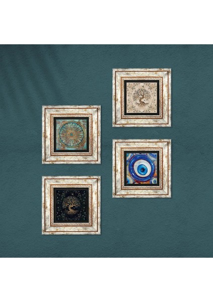 Nazar, Yaşam Çiçeği, Hayat Ağacı Taş Duvar Tablosu Çerçeveli Duvar Dekoru 4 Parça Tablo Seti Wall Art T4-1568 fırsatları