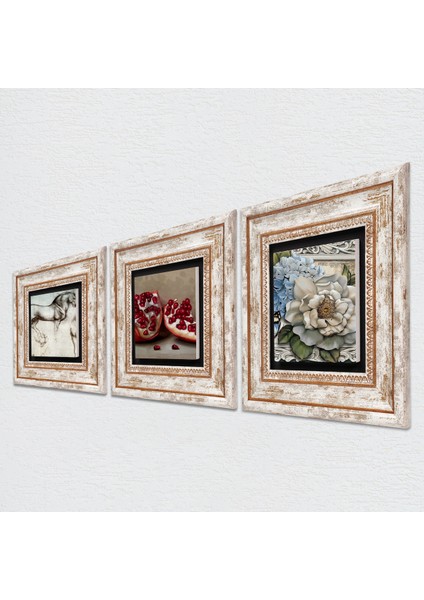 Leonardo da Vinci At Heykeli, Kelebekli Çiçek, Nar Taş Duvar Tablosu Çerçeveli Duvar Dekoru 3 Parça Tablo Seti Wall Art T3-1125
