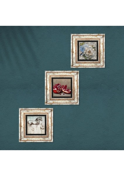 Leonardo da Vinci At Heykeli, Kelebekli Çiçek, Nar Taş Duvar Tablosu Çerçeveli Duvar Dekoru 3 Parça Tablo Seti Wall Art T3-1125