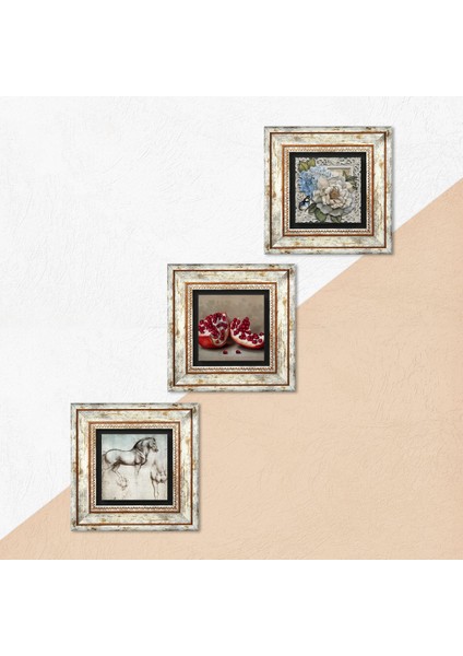 Leonardo da Vinci At Heykeli, Kelebekli Çiçek, Nar Taş Duvar Tablosu Çerçeveli Duvar Dekoru 3 Parça Tablo Seti Wall Art T3-1125