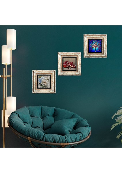 Hayat Ağacı, Kelebekli Çiçek, Nar Taş Duvar Tablosu Çerçeveli Duvar Dekoru 3 Parça Tablo Seti Wall Art T3-1146