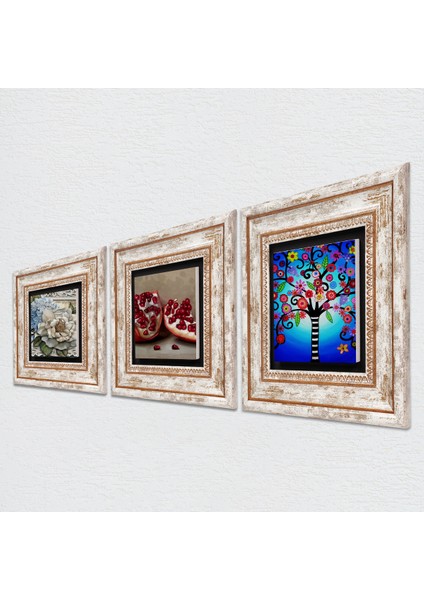 Hayat Ağacı, Kelebekli Çiçek, Nar Taş Duvar Tablosu Çerçeveli Duvar Dekoru 3 Parça Tablo Seti Wall Art T3-1146 fiyatları