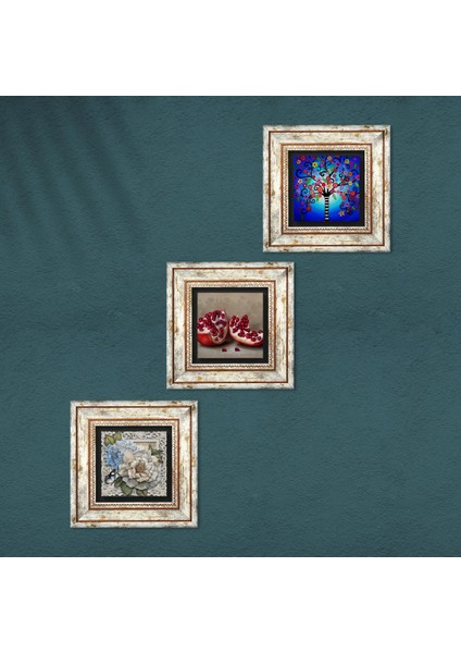 Hayat Ağacı, Kelebekli Çiçek, Nar Taş Duvar Tablosu Çerçeveli Duvar Dekoru 3 Parça Tablo Seti Wall Art T3-1146 fırsatları