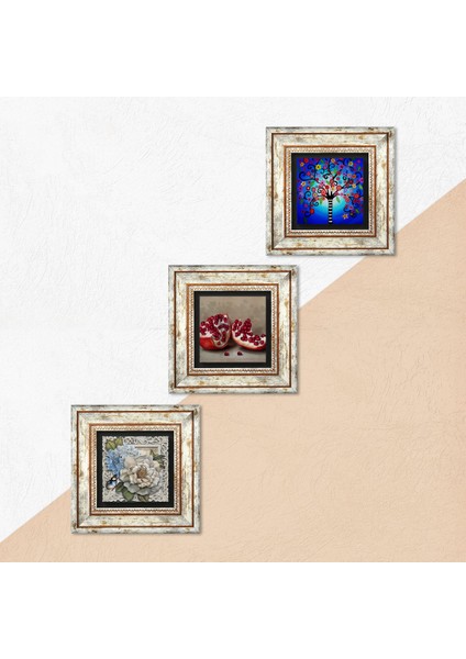 Hayat Ağacı, Kelebekli Çiçek, Nar Taş Duvar Tablosu Çerçeveli Duvar Dekoru 3 Parça Tablo Seti Wall Art T3-1146 indirimleri
