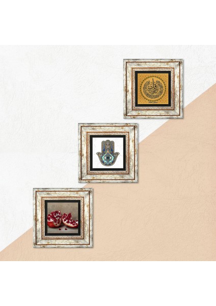 Stone Felak Suresi, Nar, Fatma Ana Eli (Hamsa) Çerçeveli Taş Duvar Tablosu 3’lü Set - Dekoratif Modern Sanat, Ev ve Ofis Dekoru |TK3-766| indirimleri