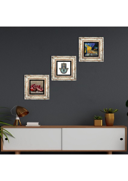 Van Gogh Kafe Terasta Gece, Nar, Fatma Ana Eli (Hamsa) Taş Duvar Tablosu Çerçeveli Duvar Dekoru 3 Parça Tablo Seti Wall Art T3-773