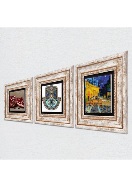 Van Gogh Kafe Terasta Gece, Nar, Fatma Ana Eli (Hamsa) Taş Duvar Tablosu Çerçeveli Duvar Dekoru 3 Parça Tablo Seti Wall Art T3-773