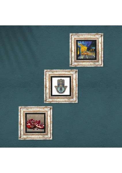 Van Gogh Kafe Terasta Gece, Nar, Fatma Ana Eli (Hamsa) Taş Duvar Tablosu Çerçeveli Duvar Dekoru 3 Parça Tablo Seti Wall Art T3-773