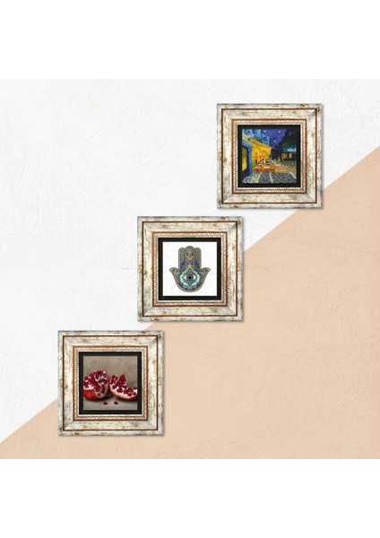 Van Gogh Kafe Terasta Gece, Nar, Fatma Ana Eli (Hamsa) Taş Duvar Tablosu Çerçeveli Duvar Dekoru 3 Parça Tablo Seti Wall Art T3-773