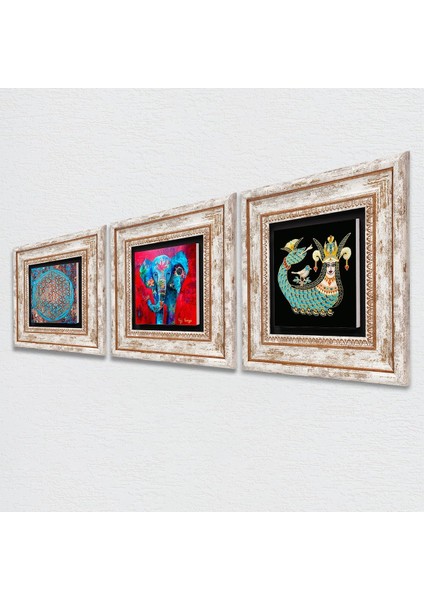 Fil, Yaşam Çiçeği, Şahmeran Çerçeveli Taş Duvar Tablosu 3’lü Set - Dekoratif Modern Sanat, Ev ve Ofis Dekoru |TK3-78| fiyatları