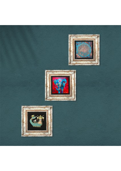 Fil, Yaşam Çiçeği, Şahmeran Çerçeveli Taş Duvar Tablosu 3’lü Set - Dekoratif Modern Sanat, Ev ve Ofis Dekoru |TK3-78| fırsatları