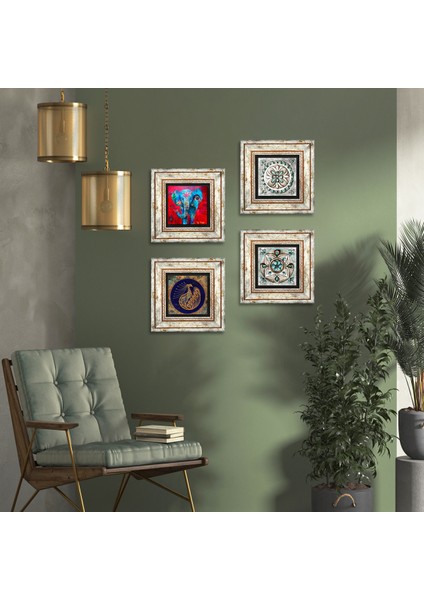 Fil, Tavus Kuşu, Çini Sanatı Taş Duvar Tablosu Çerçeveli Duvar Dekoru 4 Parça Tablo Seti Wall Art T4-297