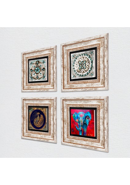 Fil, Tavus Kuşu, Çini Sanatı Taş Duvar Tablosu Çerçeveli Duvar Dekoru 4 Parça Tablo Seti Wall Art T4-297