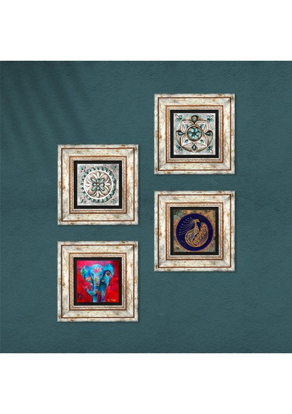Fil, Tavus Kuşu, Çini Sanatı Taş Duvar Tablosu Çerçeveli Duvar Dekoru 4 Parça Tablo Seti Wall Art T4-297