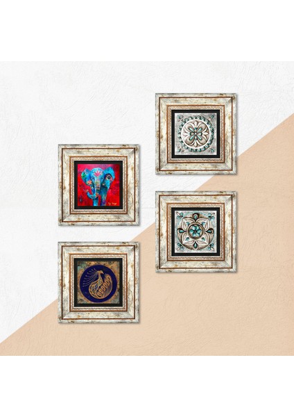 Fil, Tavus Kuşu, Çini Sanatı Taş Duvar Tablosu Çerçeveli Duvar Dekoru 4 Parça Tablo Seti Wall Art T4-297