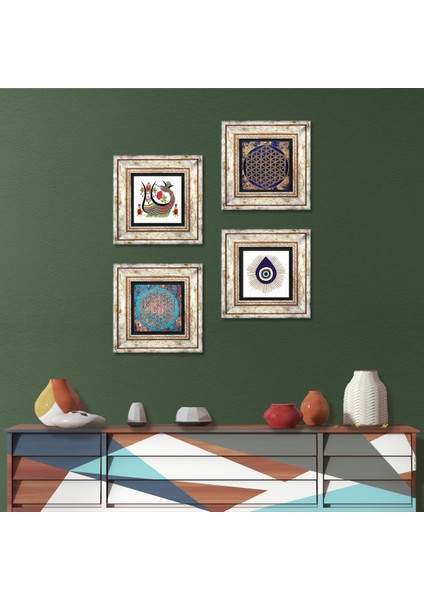 Nazar, Yaşam Çiçeği, Şahmeran Taş Duvar Tablosu Çerçeveli Duvar Dekoru 4 Parça Tablo Seti Wall Art T4-1414