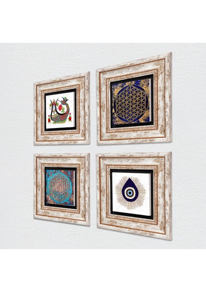 Nazar, Yaşam Çiçeği, Şahmeran Taş Duvar Tablosu Çerçeveli Duvar Dekoru 4 Parça Tablo Seti Wall Art T4-1414