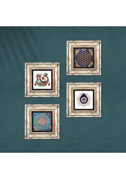 Nazar, Yaşam Çiçeği, Şahmeran Taş Duvar Tablosu Çerçeveli Duvar Dekoru 4 Parça Tablo Seti Wall Art T4-1414