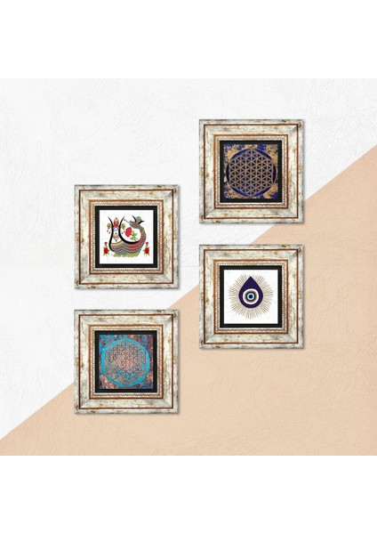 Nazar, Yaşam Çiçeği, Şahmeran Taş Duvar Tablosu Çerçeveli Duvar Dekoru 4 Parça Tablo Seti Wall Art T4-1414