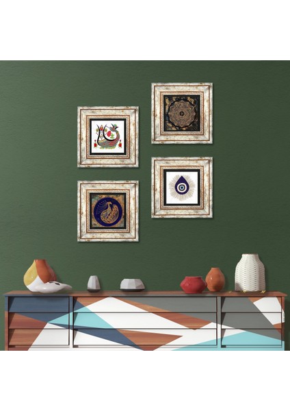 Nazar, Sri Yantra, Tavus Kuşu, Şahmeran Çerçeveli Taş Duvar Tablosu 4’lü Set - Dekoratif Modern Sanat, Ev ve Ofis Dekoru |TK4-1420|