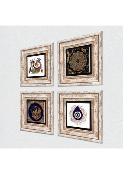 Nazar, Sri Yantra, Tavus Kuşu, Şahmeran Çerçeveli Taş Duvar Tablosu 4’lü Set - Dekoratif Modern Sanat, Ev ve Ofis Dekoru |TK4-1420| fiyatları