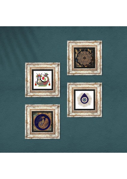Nazar, Sri Yantra, Tavus Kuşu, Şahmeran Çerçeveli Taş Duvar Tablosu 4’lü Set - Dekoratif Modern Sanat, Ev ve Ofis Dekoru |TK4-1420| fırsatları
