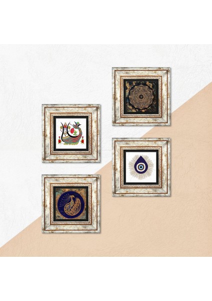 Nazar, Sri Yantra, Tavus Kuşu, Şahmeran Çerçeveli Taş Duvar Tablosu 4’lü Set - Dekoratif Modern Sanat, Ev ve Ofis Dekoru |TK4-1420| indirimleri