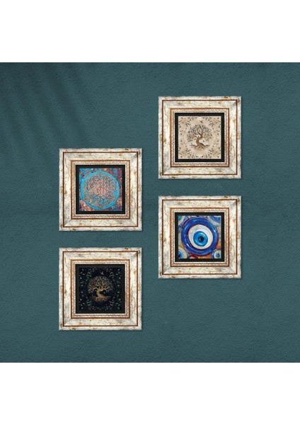 Nazar, Yaşam Çiçeği, Hayat Ağacı Çerçeveli Taş Duvar Tablosu 4’lü Set - Dekoratif Modern Sanat, Ev ve Ofis Dekoru |TK4-1570| fırsatları