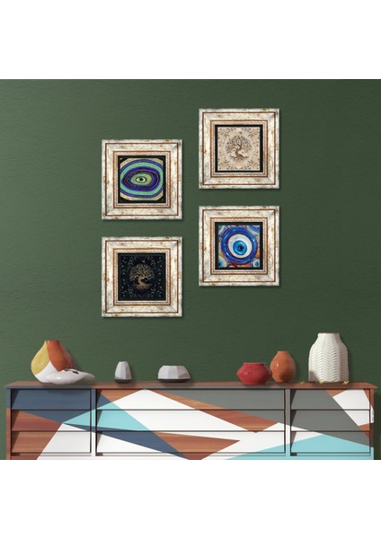 Nazar, Hayat Ağacı Çerçeveli Taş Duvar Tablosu 4’lü Set - Dekoratif Modern Sanat, Ev ve Ofis Dekoru |TK4-1573|