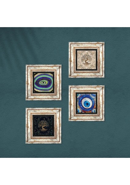Nazar, Hayat Ağacı Çerçeveli Taş Duvar Tablosu 4’lü Set - Dekoratif Modern Sanat, Ev ve Ofis Dekoru |TK4-1573| fırsatları