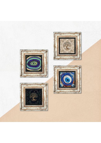Nazar, Hayat Ağacı Çerçeveli Taş Duvar Tablosu 4’lü Set - Dekoratif Modern Sanat, Ev ve Ofis Dekoru |TK4-1573| indirimleri