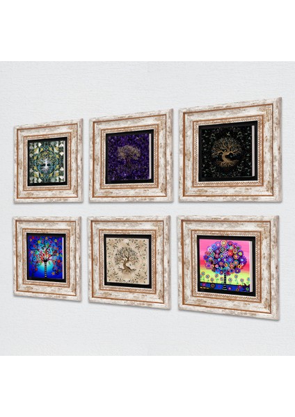 Hayat Ağacı Taş Duvar Tablosu Çerçeveli Duvar Dekoru 6 Parça Tablo Seti Wall Art T6-104