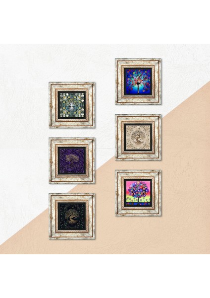 Hayat Ağacı Taş Duvar Tablosu Çerçeveli Duvar Dekoru 6 Parça Tablo Seti Wall Art T6-104