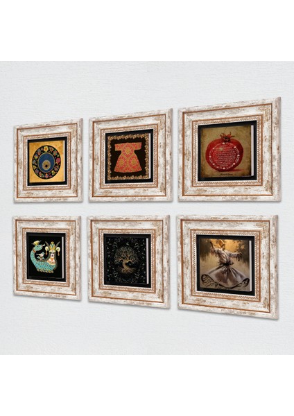 Bereket Duası, Semazen, Hırka-i Şerif, Hayat Ağacı, Nazar, Şahmeran Taş Duvar Tablosu Çerçeveli Duvar Dekoru 6 Parça Tablo Seti Wall Art T6-23