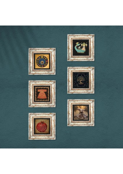 Bereket Duası, Semazen, Hırka-i Şerif, Hayat Ağacı, Nazar, Şahmeran Taş Duvar Tablosu Çerçeveli Duvar Dekoru 6 Parça Tablo Seti Wall Art T6-23