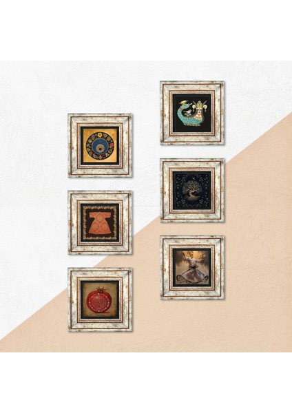 Bereket Duası, Semazen, Hırka-i Şerif, Hayat Ağacı, Nazar, Şahmeran Taş Duvar Tablosu Çerçeveli Duvar Dekoru 6 Parça Tablo Seti Wall Art T6-23