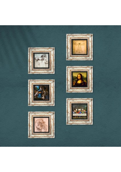 Leonardo da Vinci Taş Duvar Tablosu Çerçeveli Duvar Dekoru 6 Parça Tablo Seti Wall Art T6-26