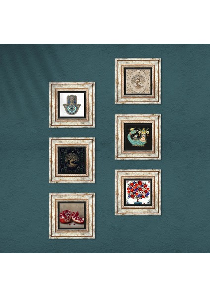 Şahmeran, Hayat Ağacı, Nar, Nar Ağacı, Fatma Ana Eli (Hamsa) Taş Duvar Tablosu Çerçeveli Duvar Dekoru 6 Parça Tablo Seti Wall Art T6-32