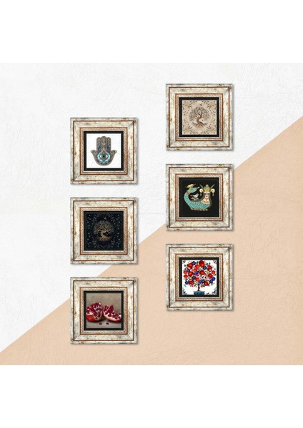 Şahmeran, Hayat Ağacı, Nar, Nar Ağacı, Fatma Ana Eli (Hamsa) Taş Duvar Tablosu Çerçeveli Duvar Dekoru 6 Parça Tablo Seti Wall Art T6-32