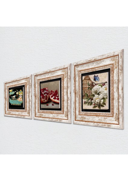 Kelebekli Çiçek, Şahmeran, Nar Çerçeveli Taş Duvar Tablosu 3’lü Set - Dekoratif Modern Sanat, Ev ve Ofis Dekoru |TK3-955| fiyatları