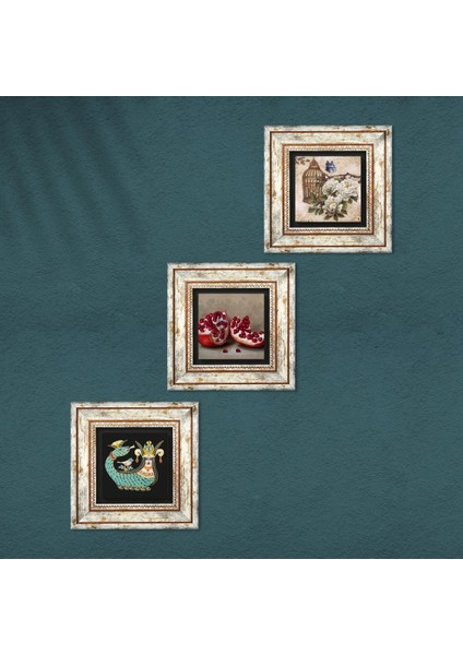 Kelebekli Çiçek, Şahmeran, Nar Çerçeveli Taş Duvar Tablosu 3’lü Set - Dekoratif Modern Sanat, Ev ve Ofis Dekoru |TK3-955| fırsatları
