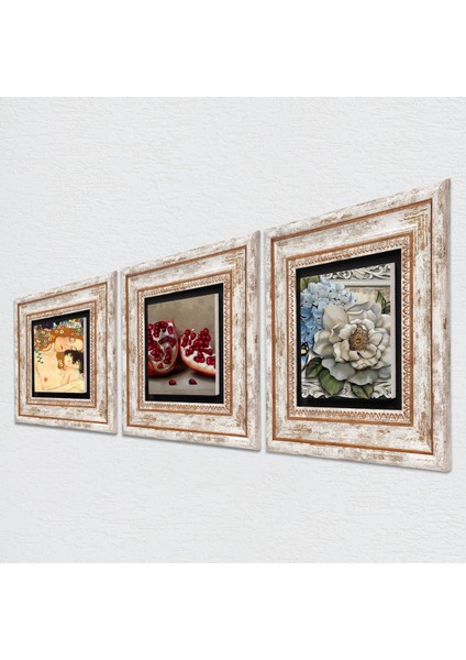 Gustav Klimt Anne Çocuk, Kelebekli Çiçek, Nar Taş Duvar Tablosu Çerçeveli Duvar Dekoru 3 Parça Tablo Seti Wall Art T3-1133