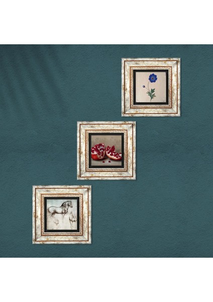 Pinecone Ebru Sanatı, Leonardo da Vinci At Heykeli, Nar Taş Duvar Tablosu Çerçeveli Duvar Dekoru 3 Parça Tablo Seti Wall Art T3-1308
