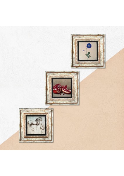Pinecone Ebru Sanatı, Leonardo da Vinci At Heykeli, Nar Taş Duvar Tablosu Çerçeveli Duvar Dekoru 3 Parça Tablo Seti Wall Art T3-1308